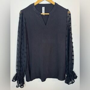 B Brand Women’s Black Balloon Long Sheer Large Swiss Dot Sleeve Blouse Size L